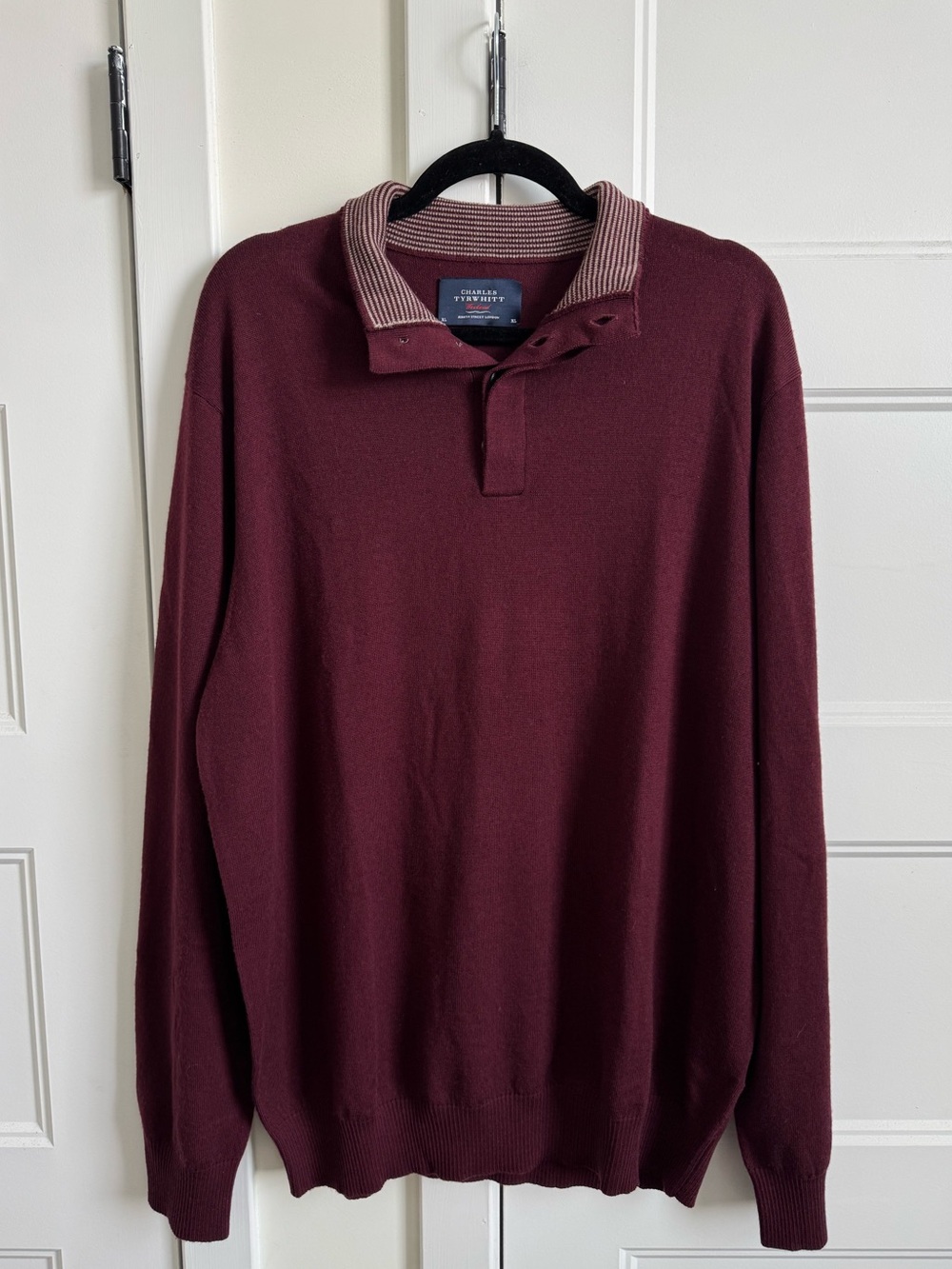 Charles Tyrwhitt Burgundy Button Neck Long Sleeve Collared Polo | 100% Wool